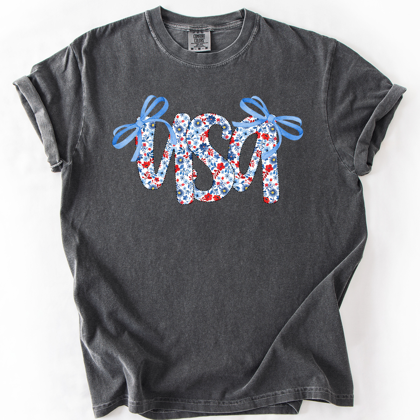 USA, Patriotic Floral Patterns, Ribbons, Fourth of July, America, Comfort Colors T-Shirt