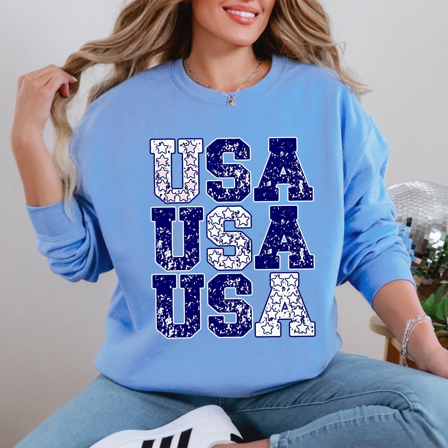 USA, Retro Patriotic, America, Stars, Blue, 4th of July Sweatshirt