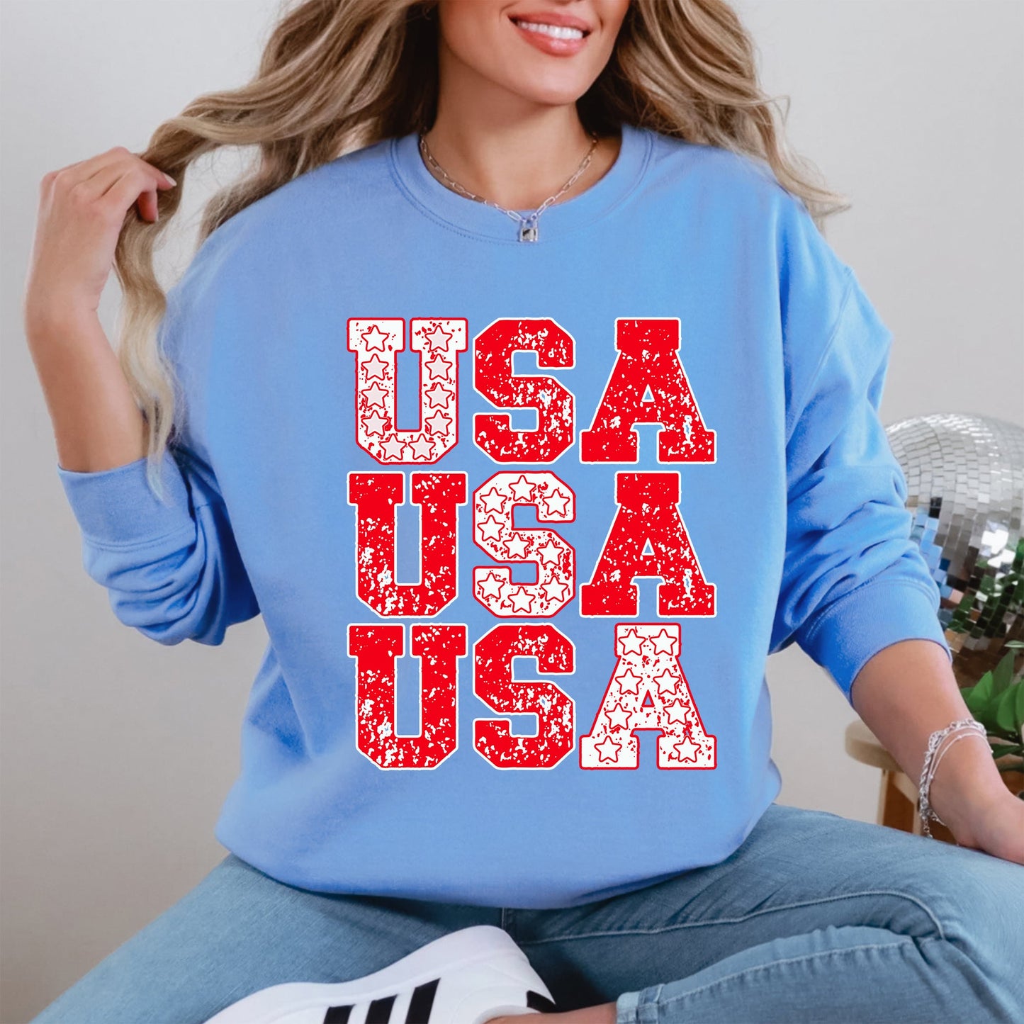 USA, Retro Patriotic, America, Stars, Red, 4th of July Sweatshirt