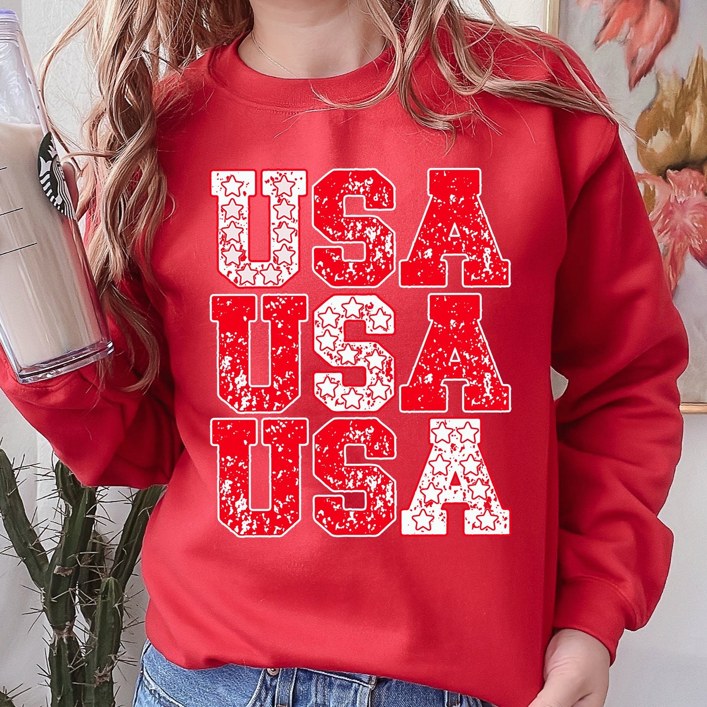 USA, Retro Patriotic, America, Stars, Red, 4th of July Sweatshirt
