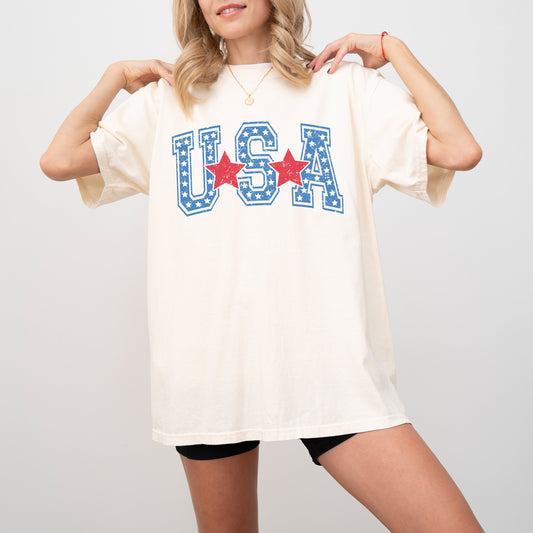 USA, Stars, Stripes, Patriotic, Retro, Varsity Style, Tshirt Comfort Colors T-Shirt