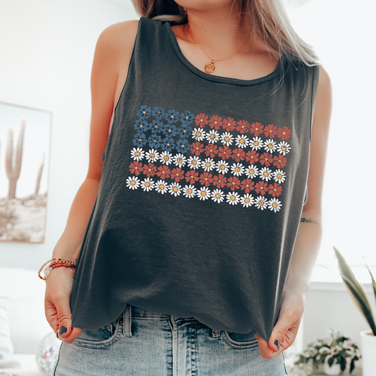 Vintage Flower Flag, Fourth of July, America, Patriotic, USA Comfort Colors Tank Top