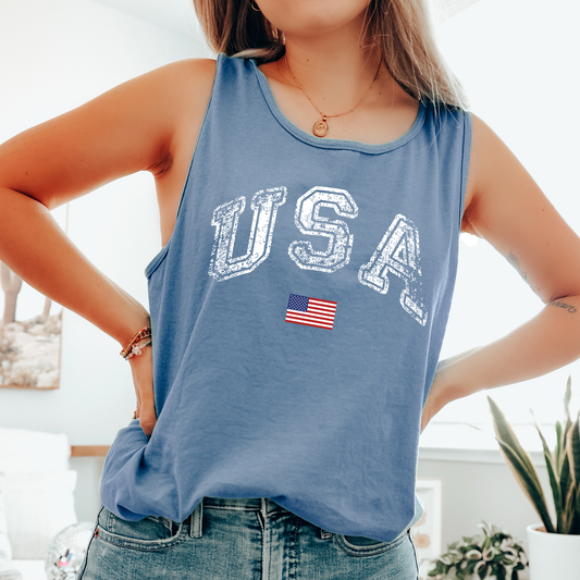 Vintage USA Flag, Distressed, Fourth of July, America, Patriotic, USA Comfort Colors Tank Top