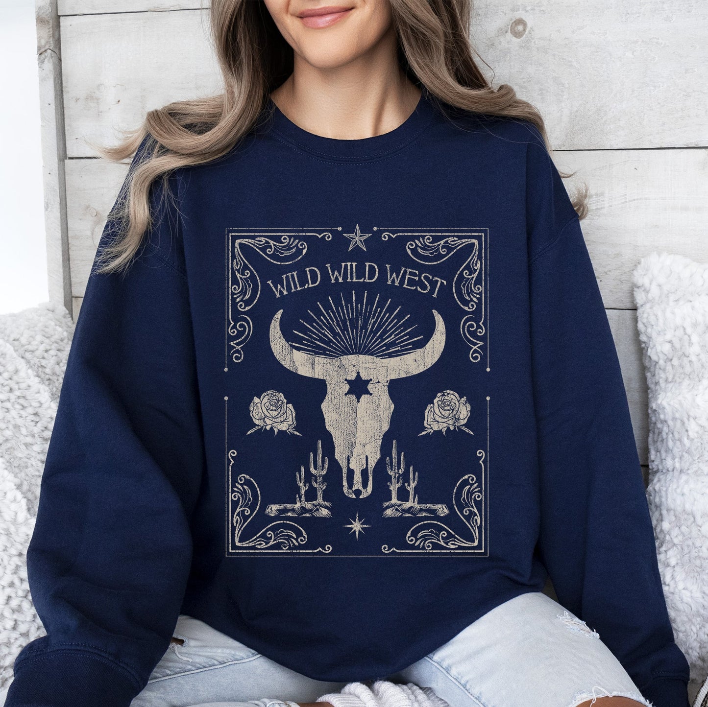 Wild Wild West, Cow Skull, Rose, Western, Country Sweatshirt