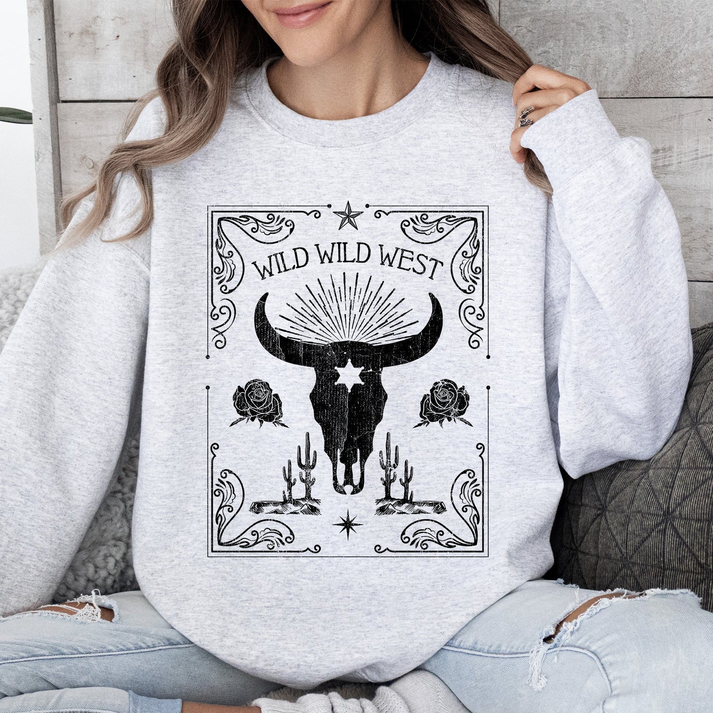 Wild Wild West, Cow Skull, Rose, Western, Country Sweatshirt