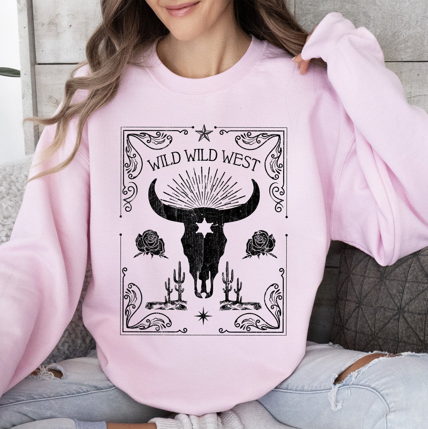 Wild Wild West, Cow Skull, Rose, Western, Country Sweatshirt