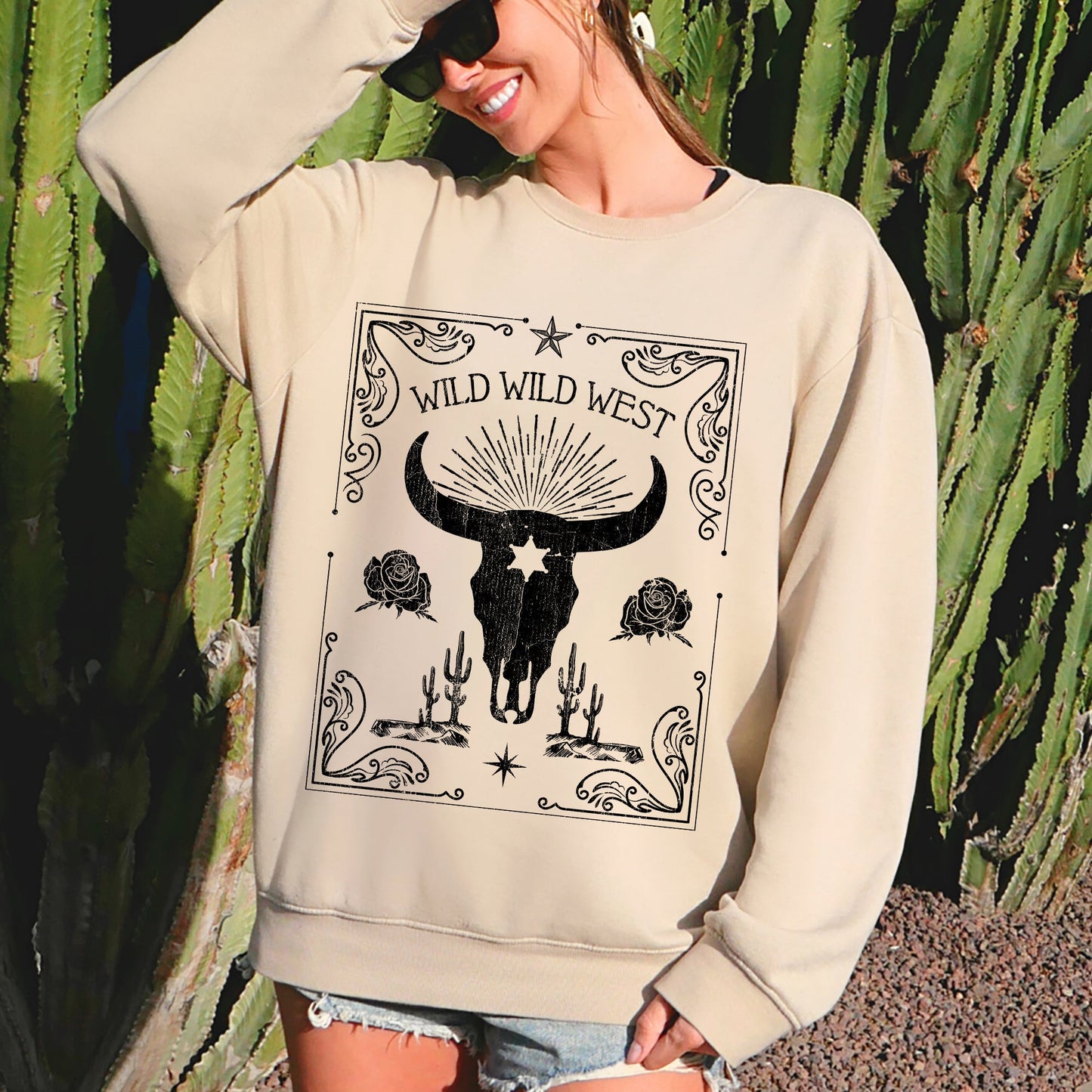 Wild Wild West, Cow Skull, Rose, Western, Country Sweatshirt