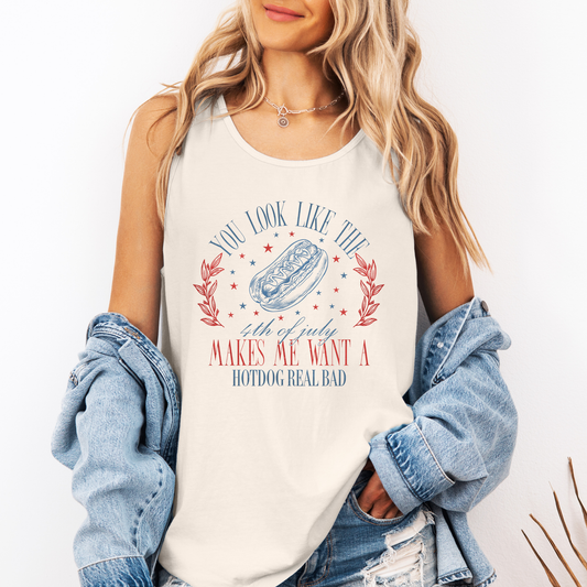 You Look Like The Fourth of July, Hot Dog, Blonde, Summer, Beach, Hot Girl Summer, Sunshine Comfort Colors Tank Top