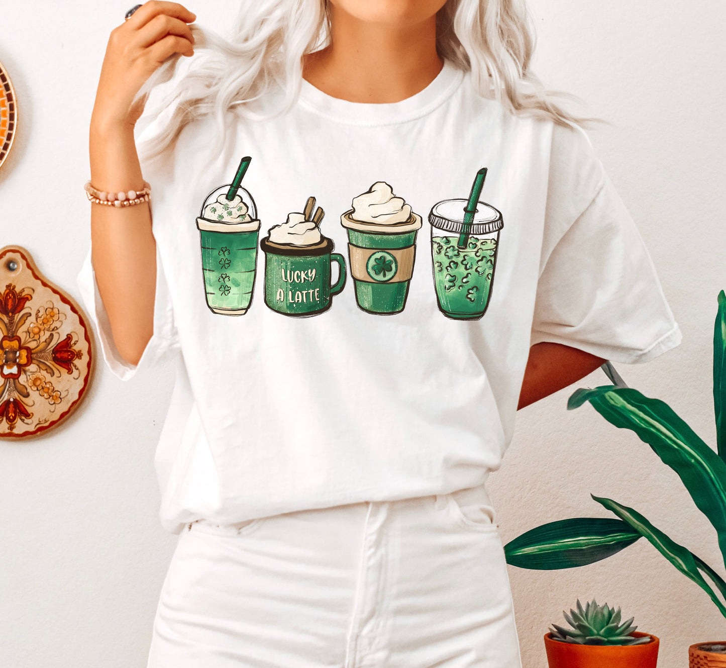 Lucky A Latte Coffee Drinks Clover Comfort Colors Tshirt